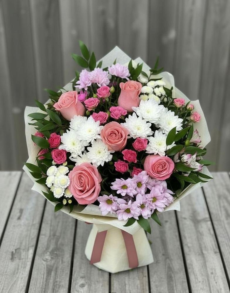 Букет цветов из: Альстромерии, Гвоздики, Розы и Хризантемы в Рождествено